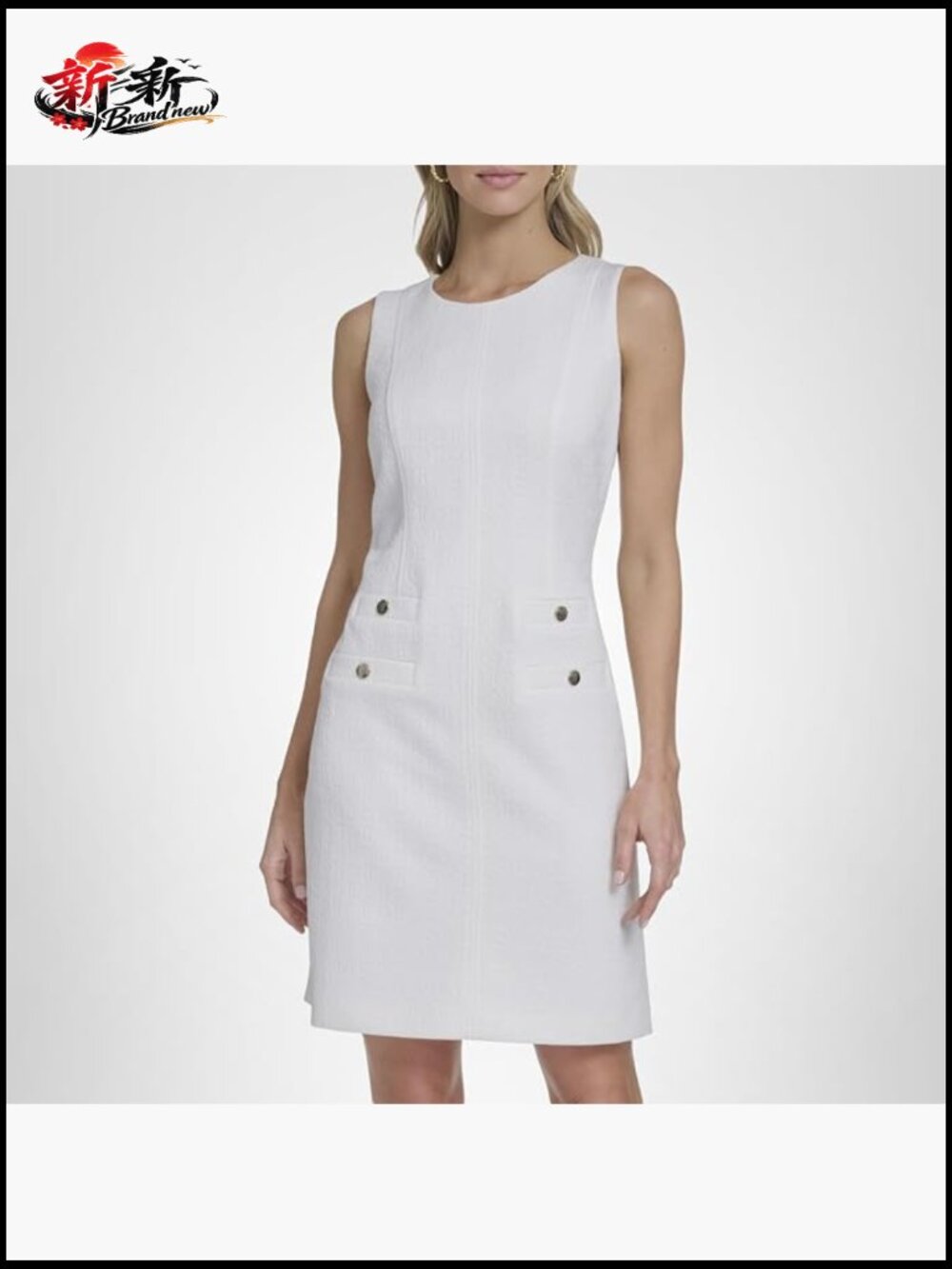 Sleeveless Jewel Neck Novelty Button Tweed Mini Sheath Dress